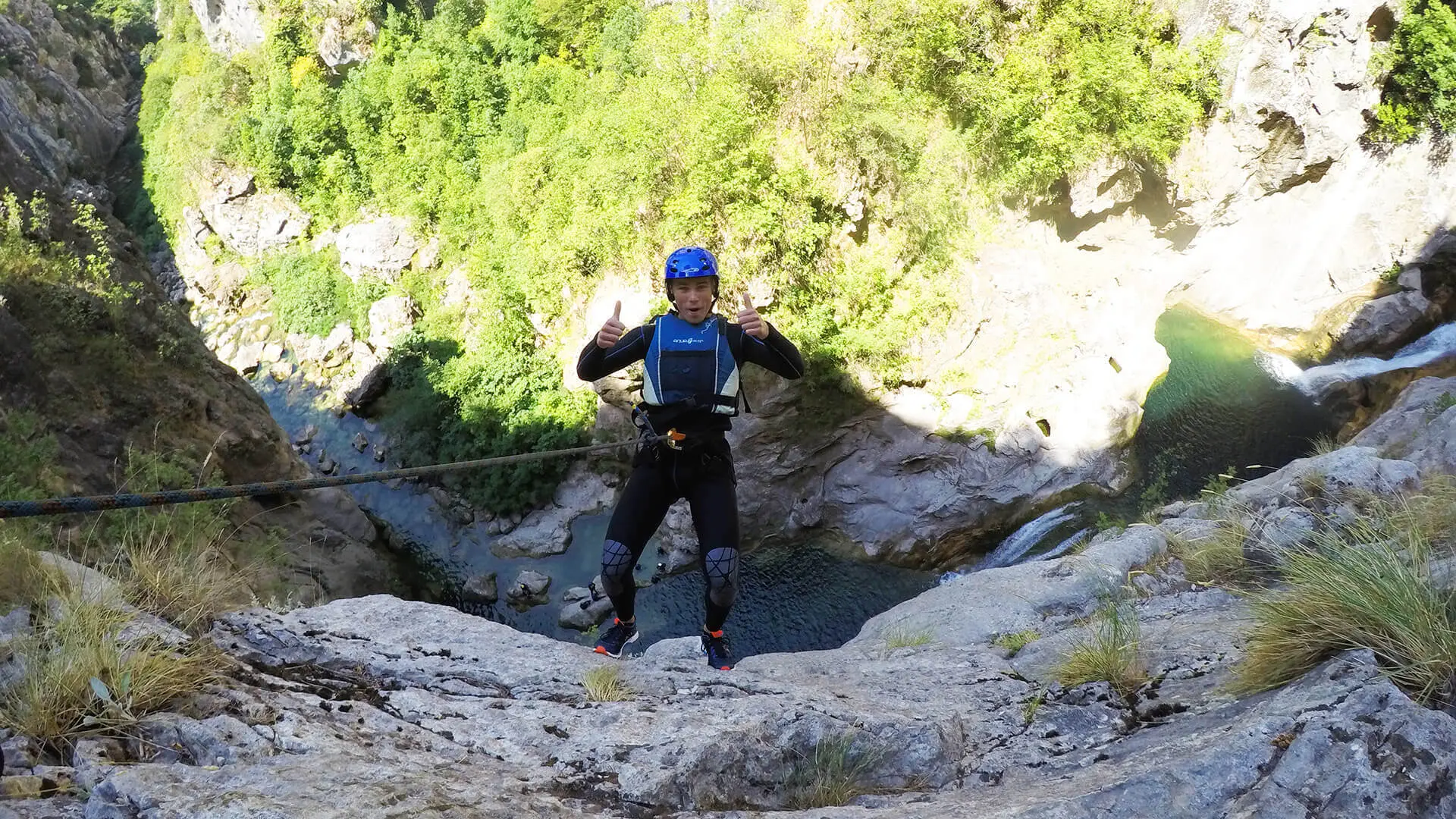 Extreme canyoning in Omiš, 55 m rope descent beside the Gubavica waterfall