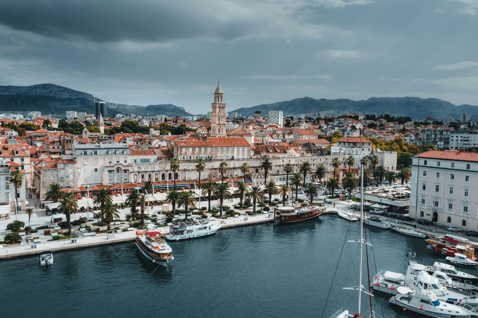 Split waterfront promenade with palm trees, old town and harbor, Croatia